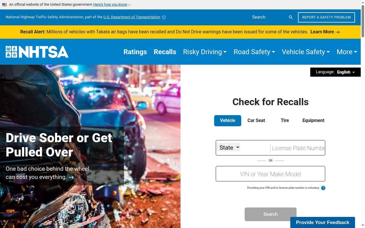 Screenshot of nhtsa.gov